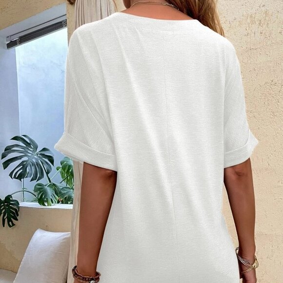 white Cozy Casual V-neck Side Slit Oversized Top - Picture 4 of 6